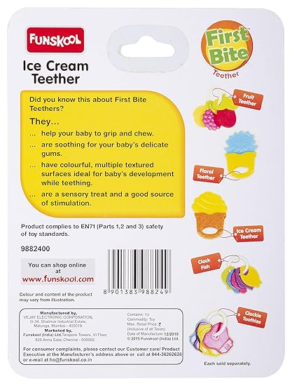 Funskool Giggles, Icecream Teether , Teether For Babies To Soothen Their Gums, Easy To Grasp,Hold And Chew, 3 Months & Above, Infant Toys