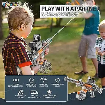 Child playing with a water gun in an outdoor setting, with text about playing with a partner.
