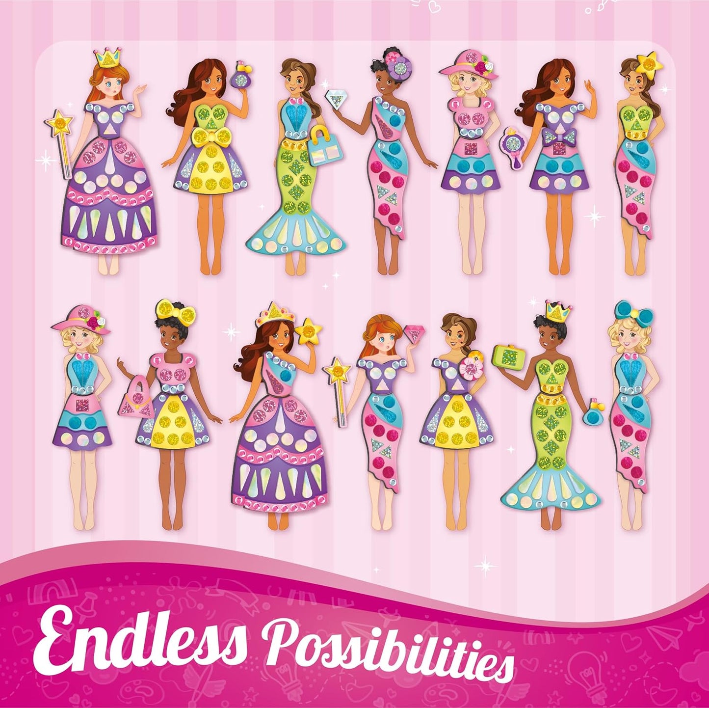 Set of colorful dolls with dresses on a pink background