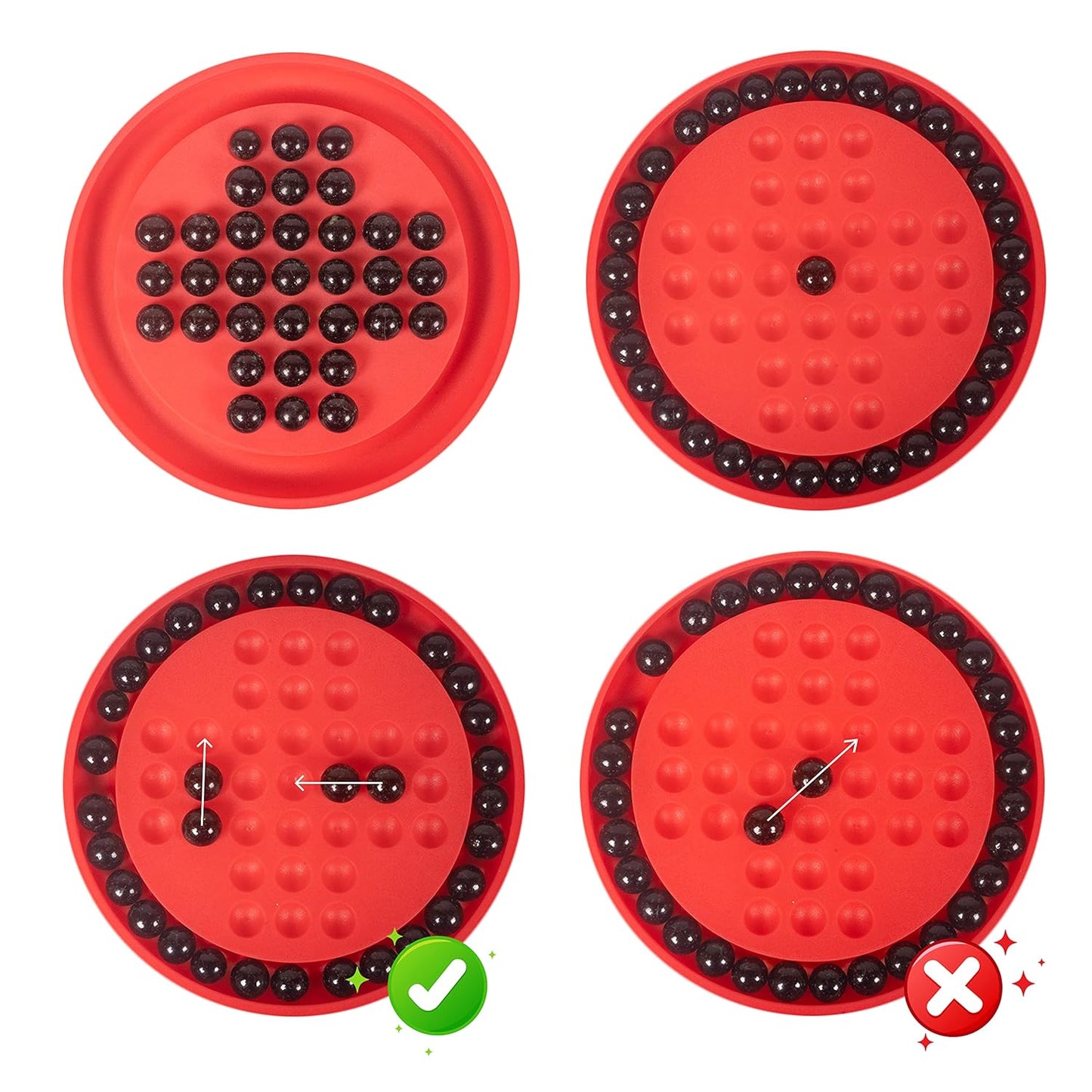 Four red circular objects with black beads
