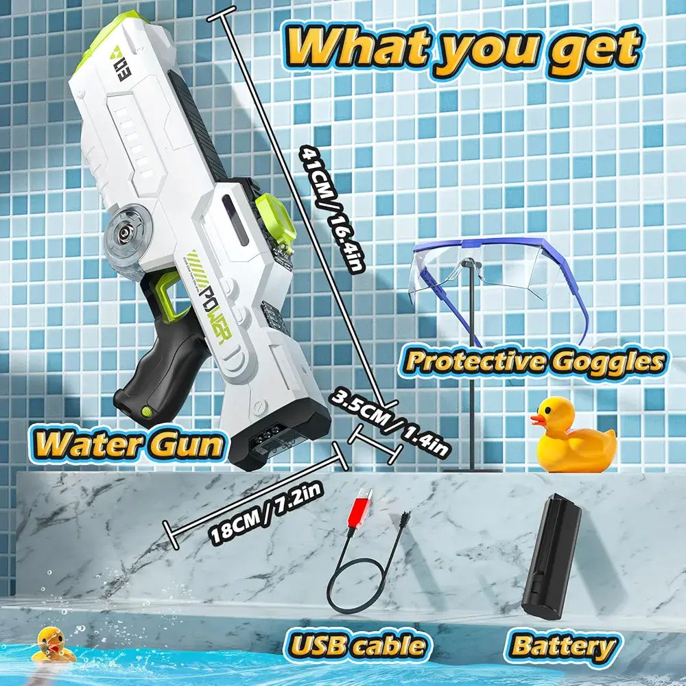 Product display of a water gun with accessories on a pool-themed background