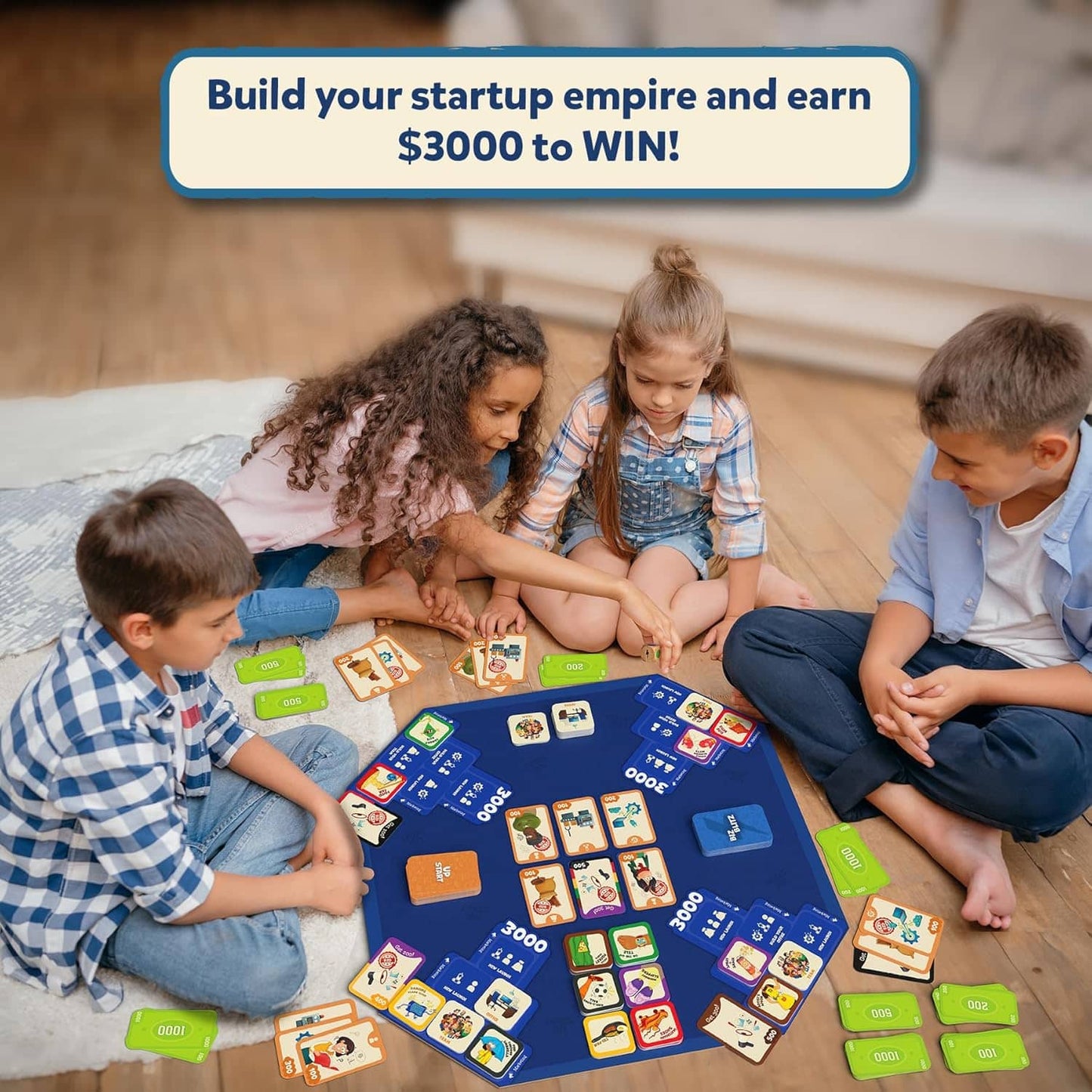 Children playing a board game together with promotional text about building a startup empire and earning money.