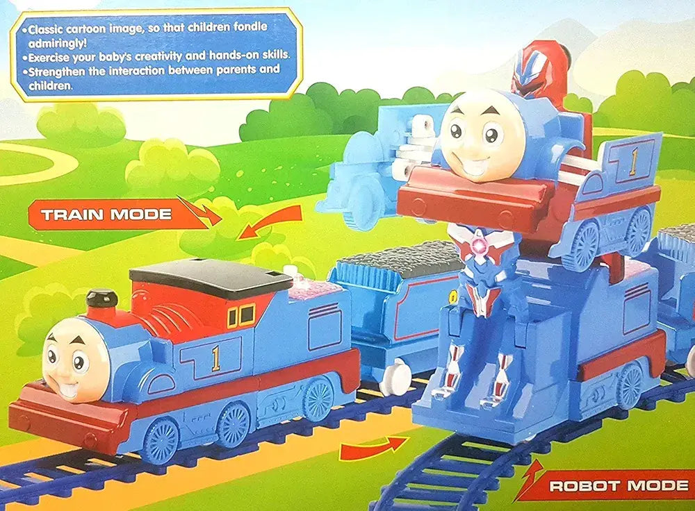 Toy train with cartoon characters on tracks, featuring text about modes and educational benefits.