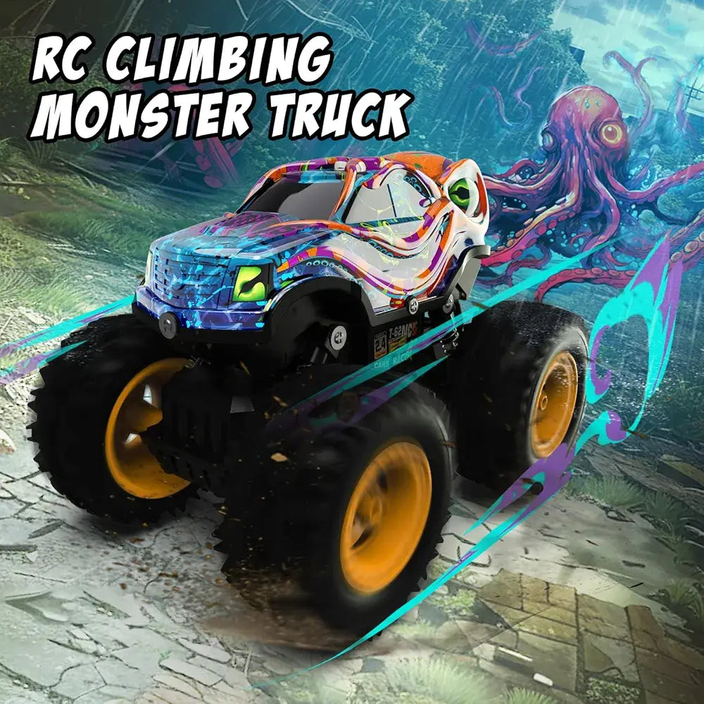 Colorful RC climbing monster truck on a dynamic background with an octopus.