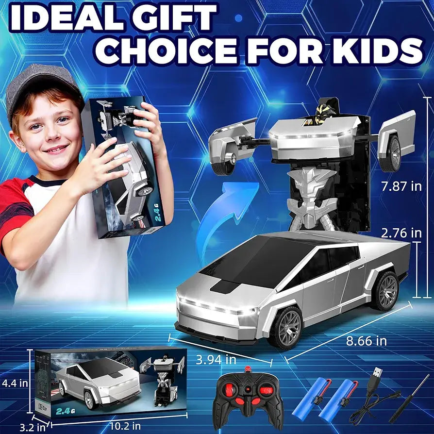 Toy car set with packaging, remote control, and accessories on a blue geometric background.