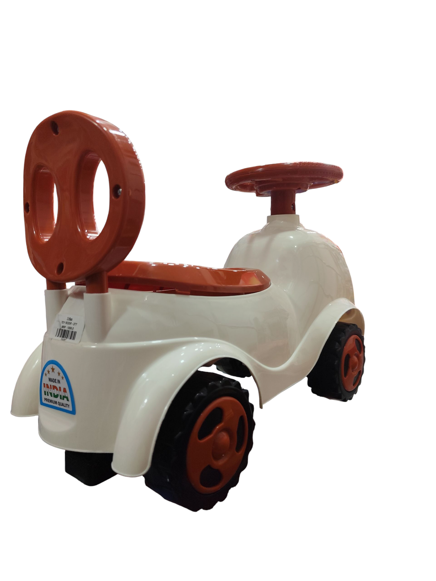 Children's toy car with red seat and steering wheel