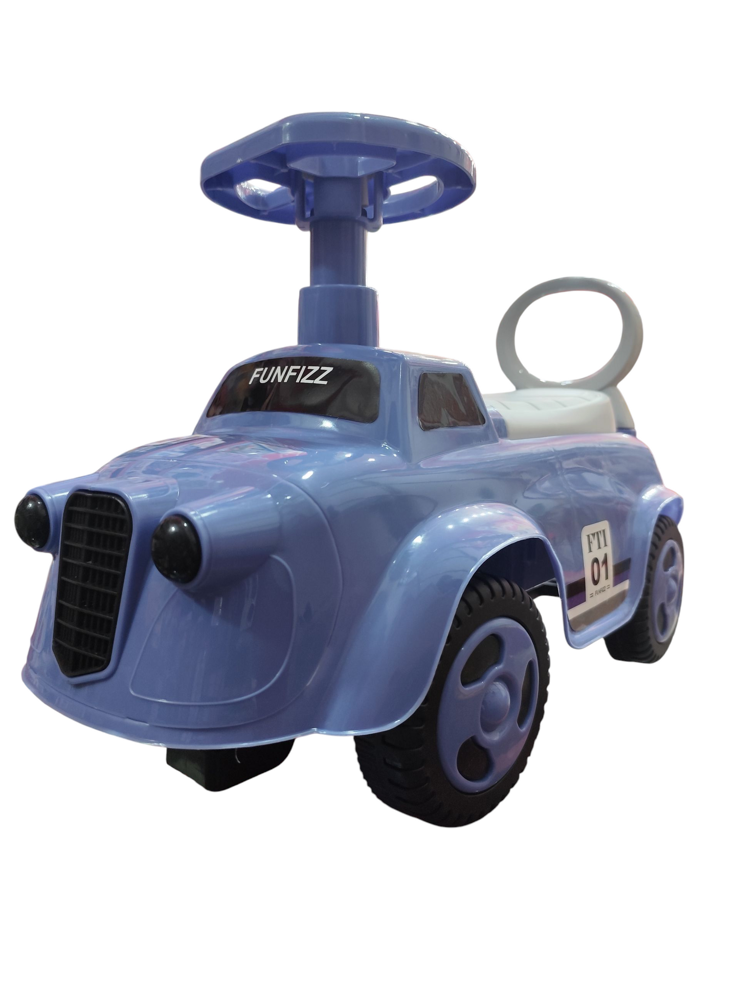 Blue toy car with a handle