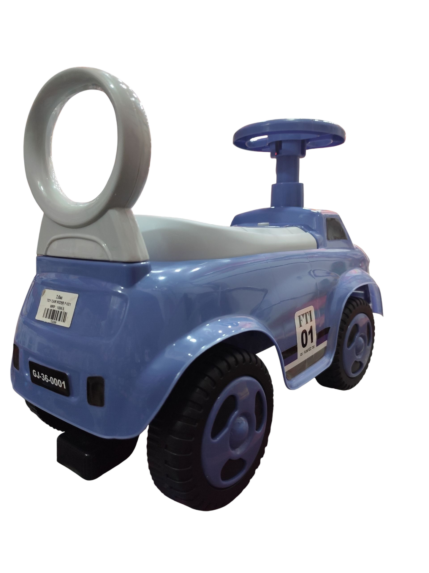 Blue toy car with a steering wheel and seat