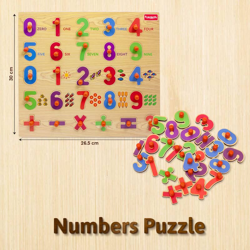 Wooden numbers puzzle with colorful digits and symbols on a wooden background