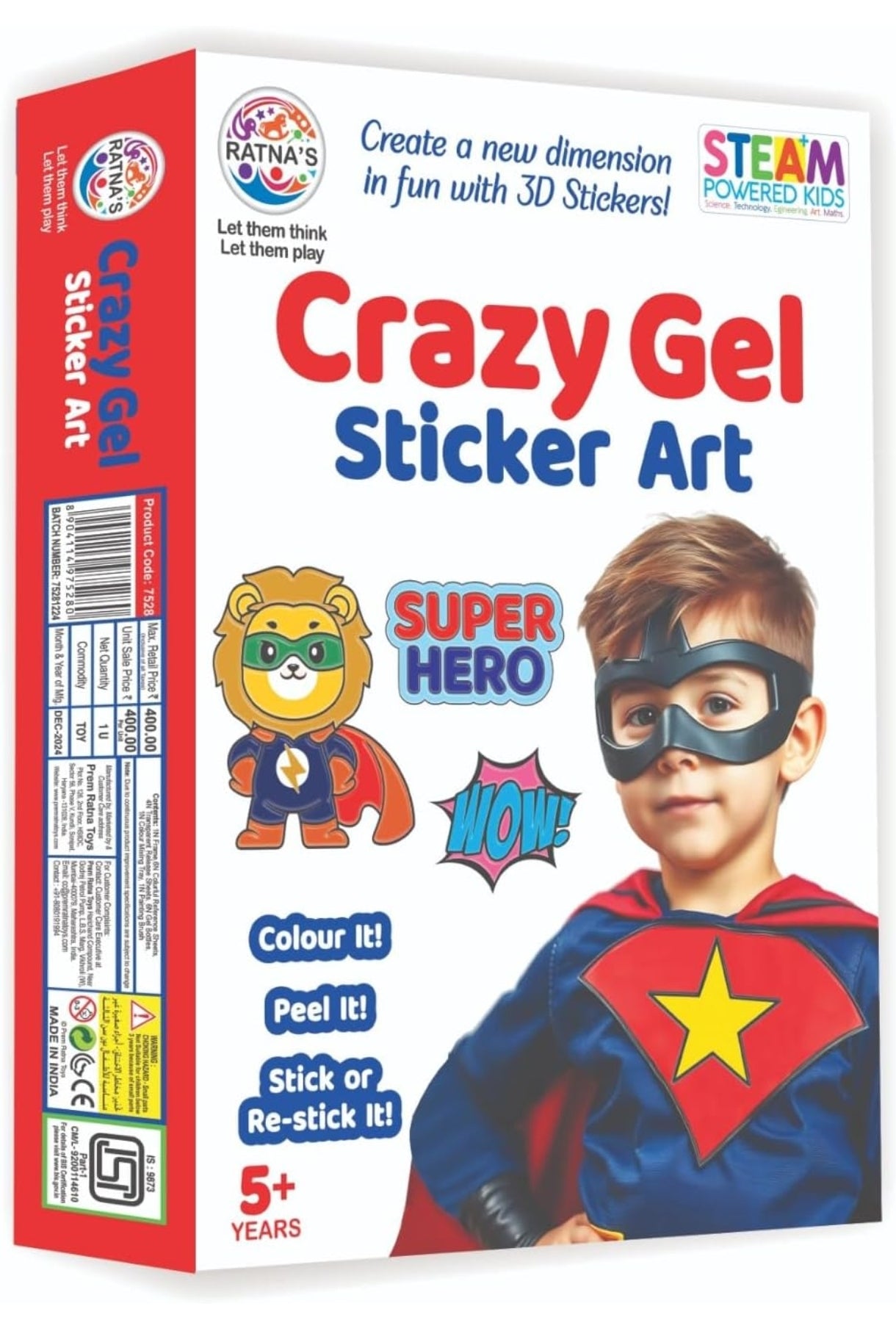 RATNA'S Crazy Gel Sticker Art Super Hero for Creating Vibrant, Reusable 3D Stickers, DIY Kit for Kids 5+ Years