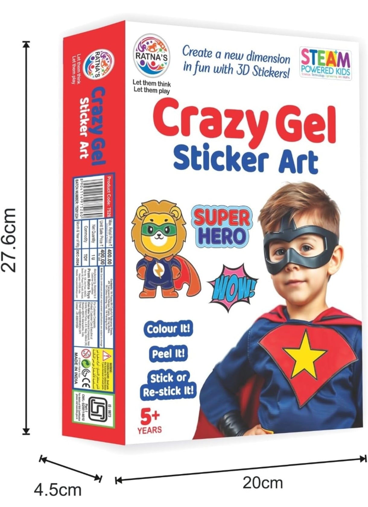 RATNA'S Crazy Gel Sticker Art Super Hero for Creating Vibrant, Reusable 3D Stickers, DIY Kit for Kids 5+ Years