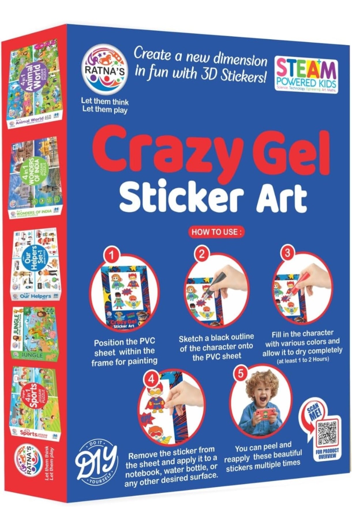 RATNA'S Crazy Gel Sticker Art Super Hero for Creating Vibrant, Reusable 3D Stickers, DIY Kit for Kids 5+ Years