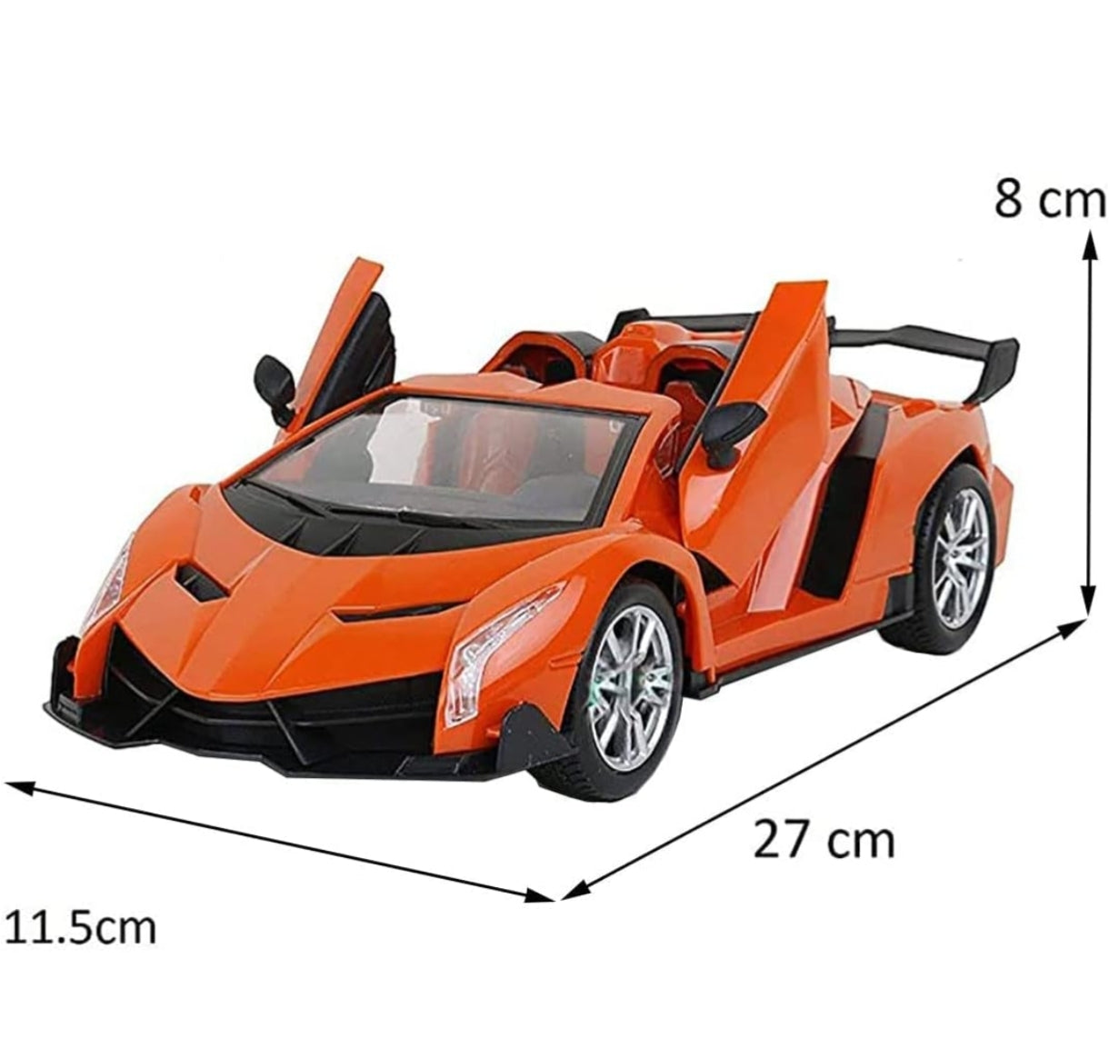 Orange toy car with dimensions indicated