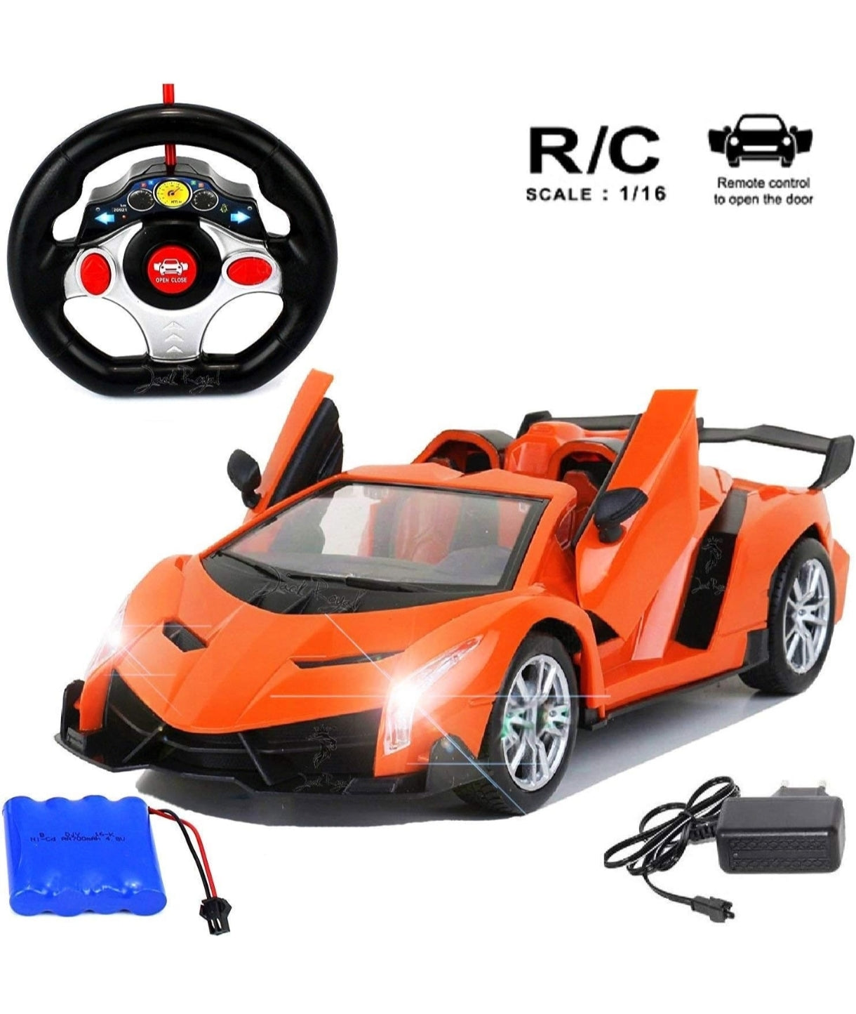 Orange toy car with remote control, steering wheel, batteries, and charger