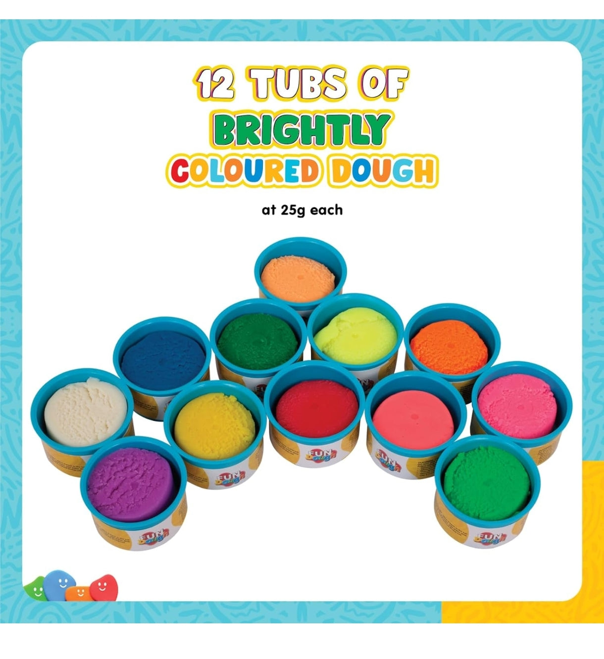 12 tubs of brightly colored dough with a blue border