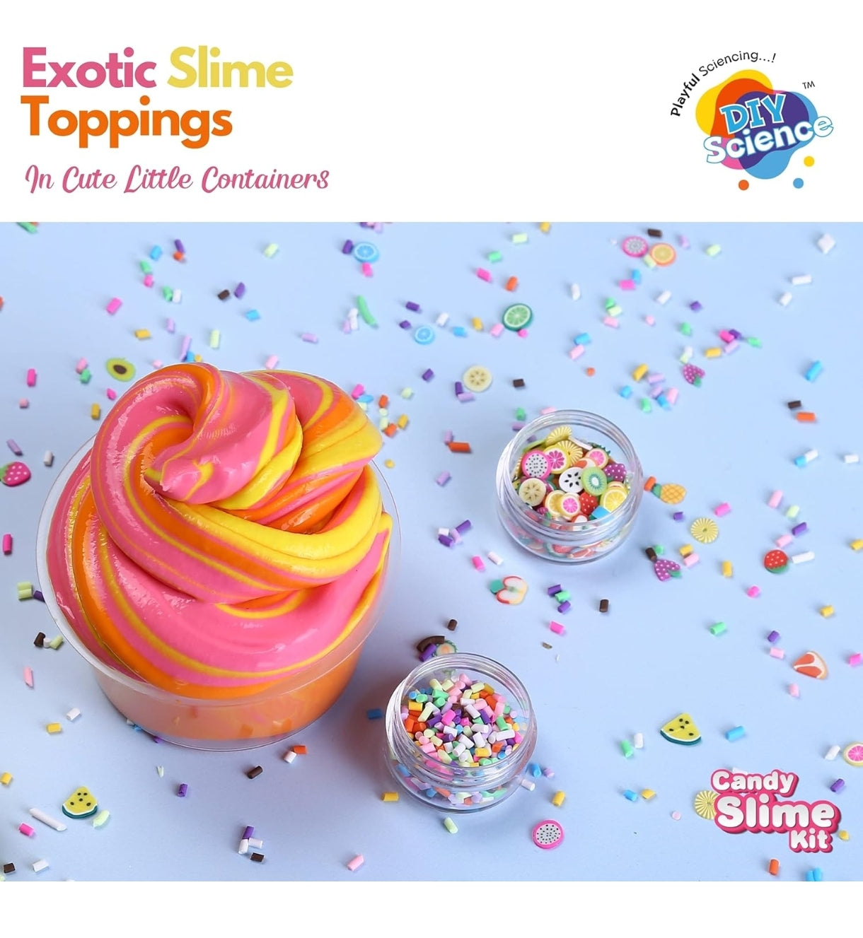 Colorful slime with toppings on a blue background