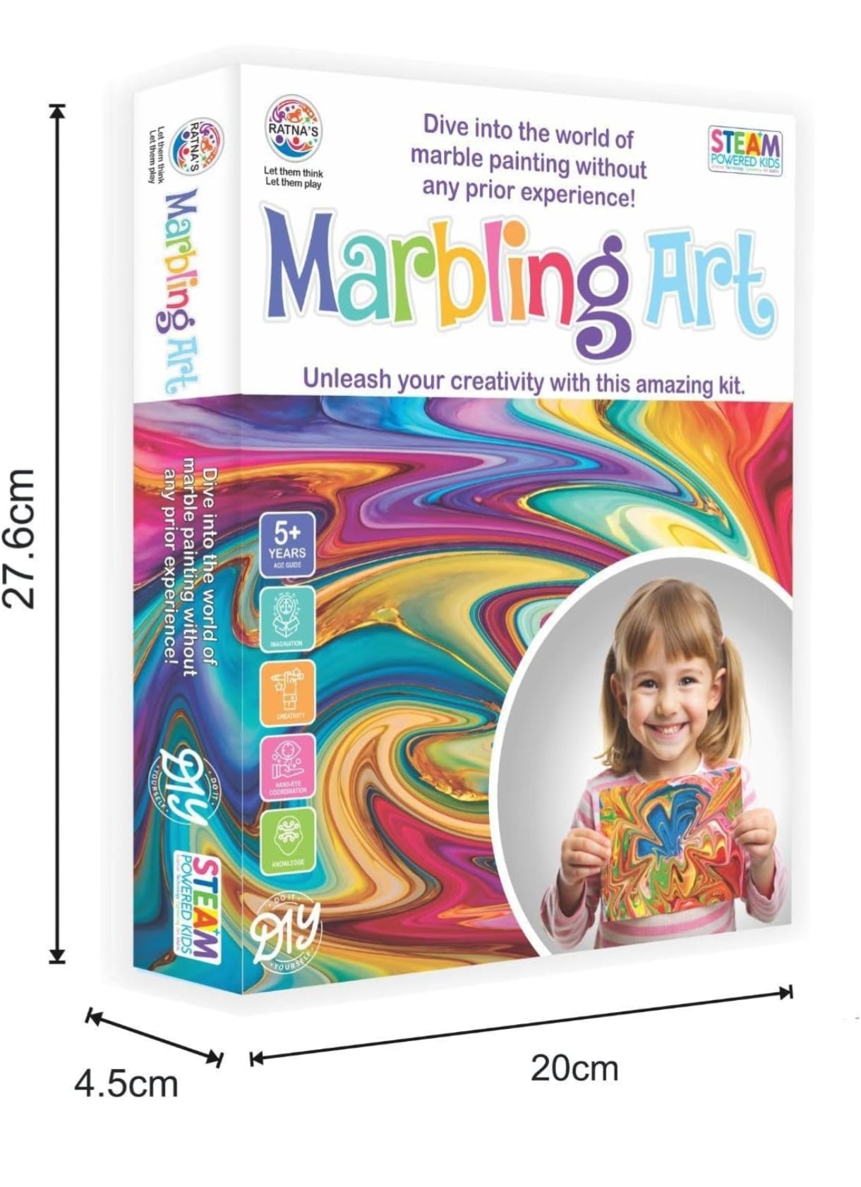 Marbling Art kit packaging with a child holding a colorful art piece