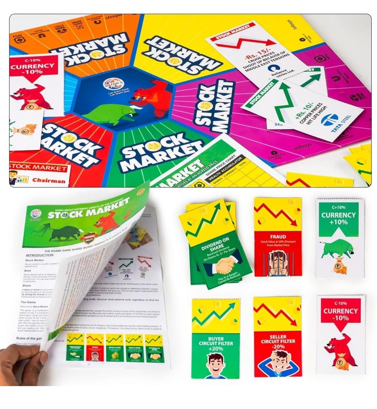 Board game set up with colorful cards and a manual titled