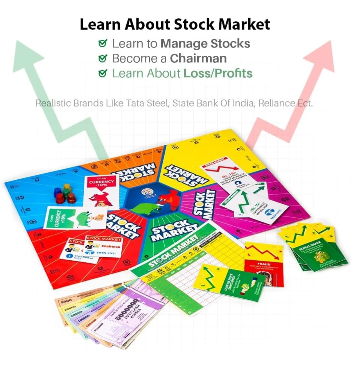 Board game set up to learn about the stock market with colorful components
