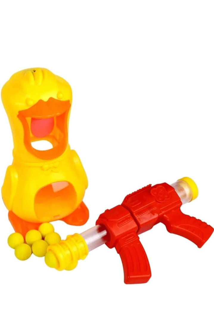 Yellow and red toy water gun with multiple nozzles on a white background