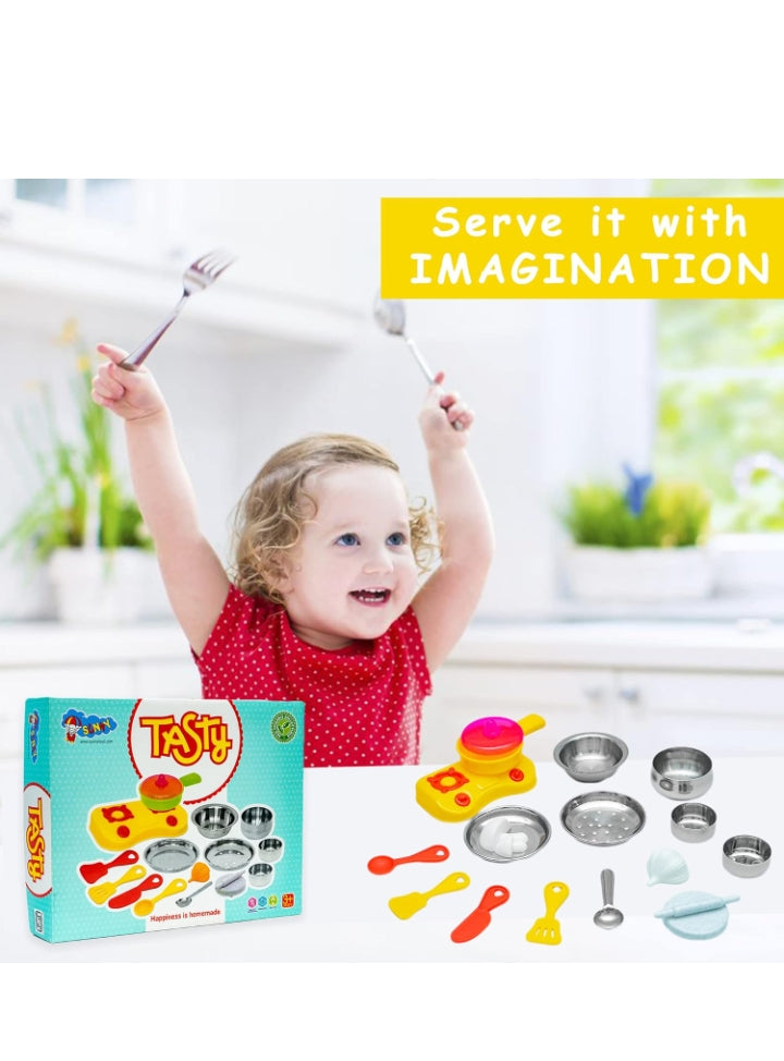 Child playing with toy kitchen set and Tasty toy packaging, with text 'Serve it with Imagination