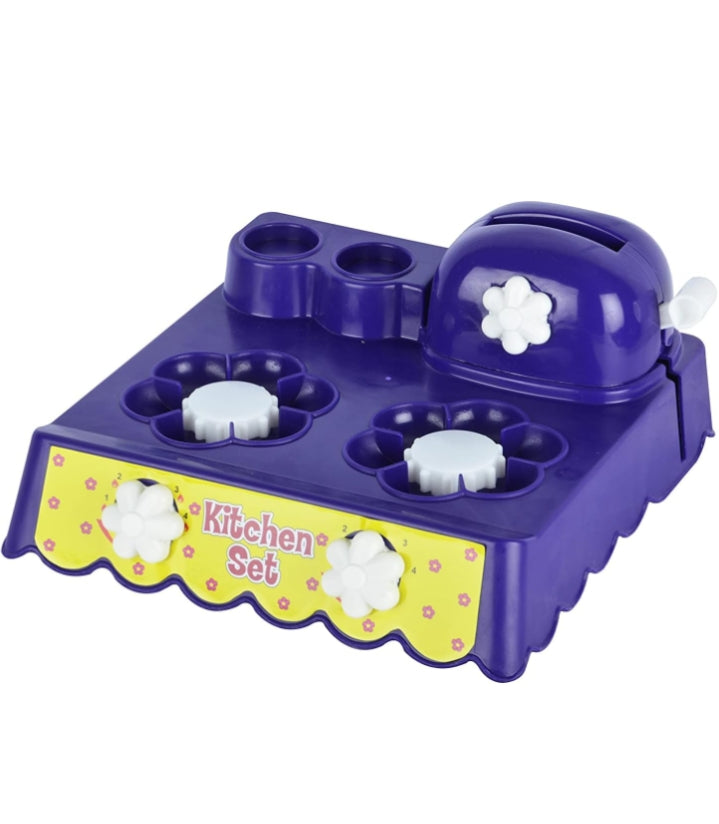 Purple toy kitchen set with ice cream molds on a white background