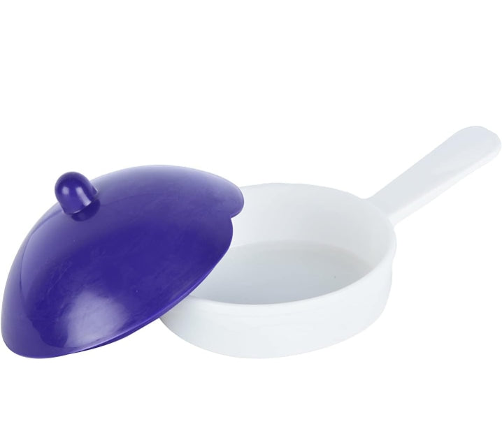 White scoop with purple lid on a white background