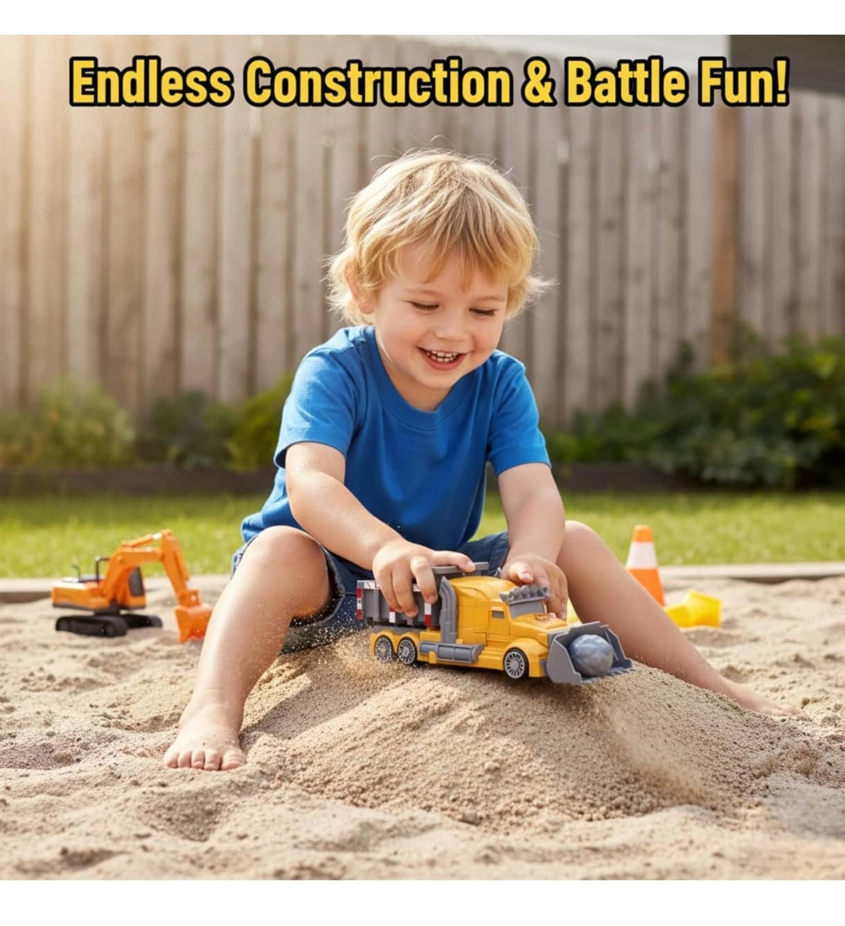 Child playing with toy construction vehicles in a sandpit, with text 'Endless Construction & Battle Fun!'.