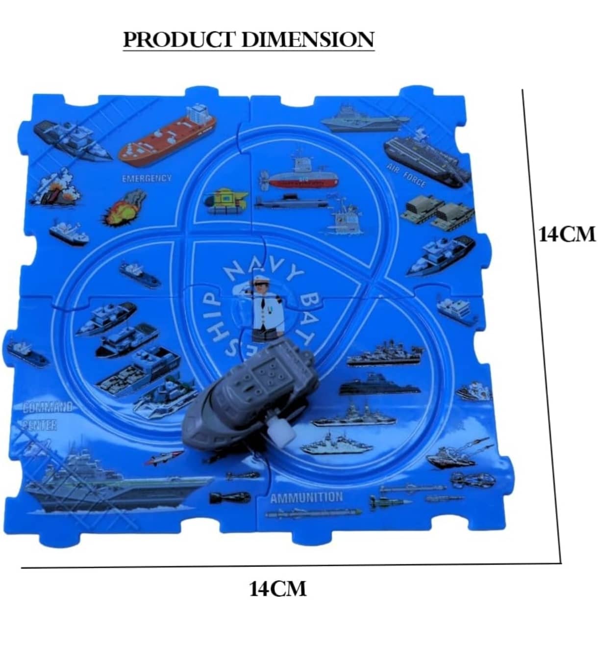 Navy ship battle game set with toy ships on a blue playmat, showing product dimensions.