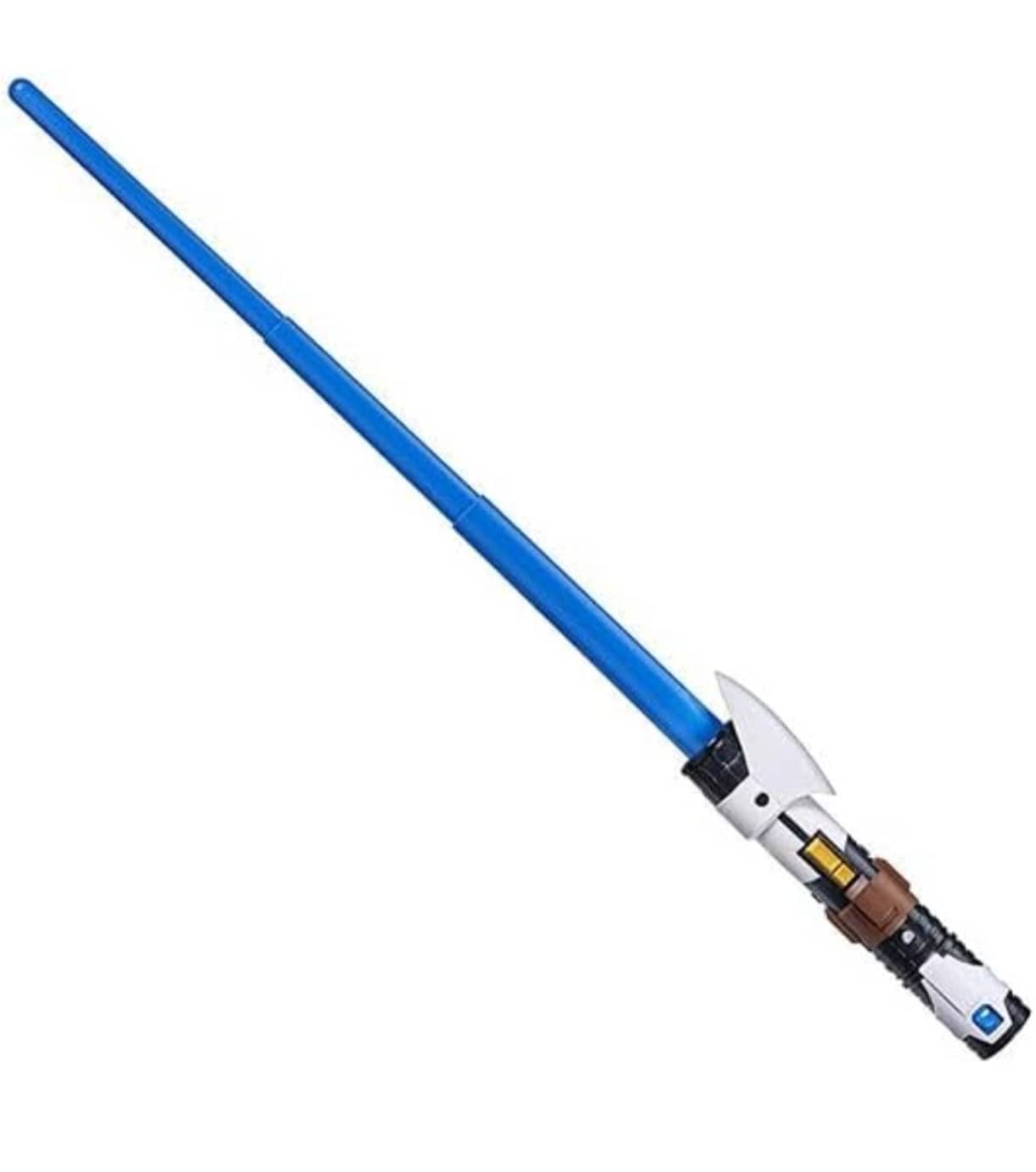 Toy lightsaber with blue blade and detailed handle on a white background