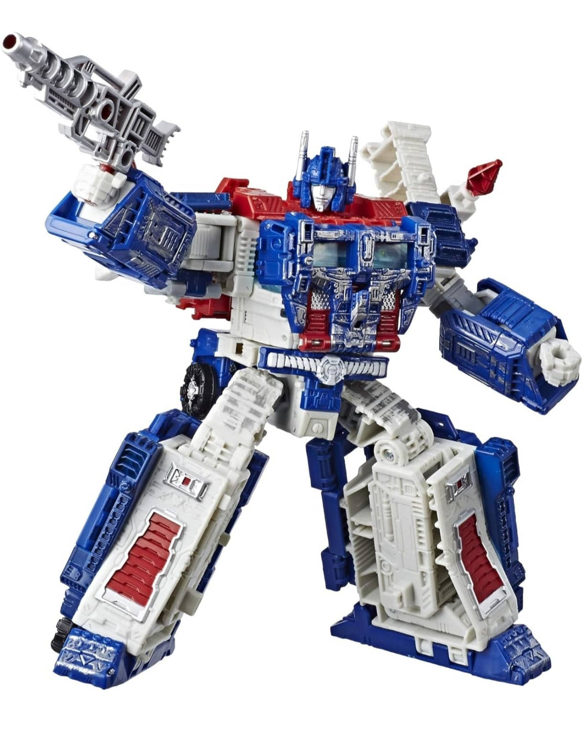 Transformers toy figure with red, blue, and white colors on a white background