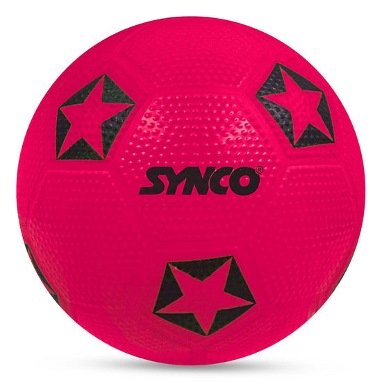 Pink ball with black star designs and 'SYNCO' branding on a white background