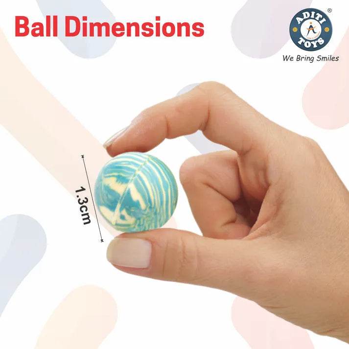 Hand holding a 1.3 cm Aditi Toys crazy bouncy balls with blue and white swirl pattern