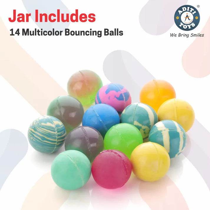 Jar of 14 multicolor Aditi Toys crazy bouncy balls with vibrant swirls and solid colors