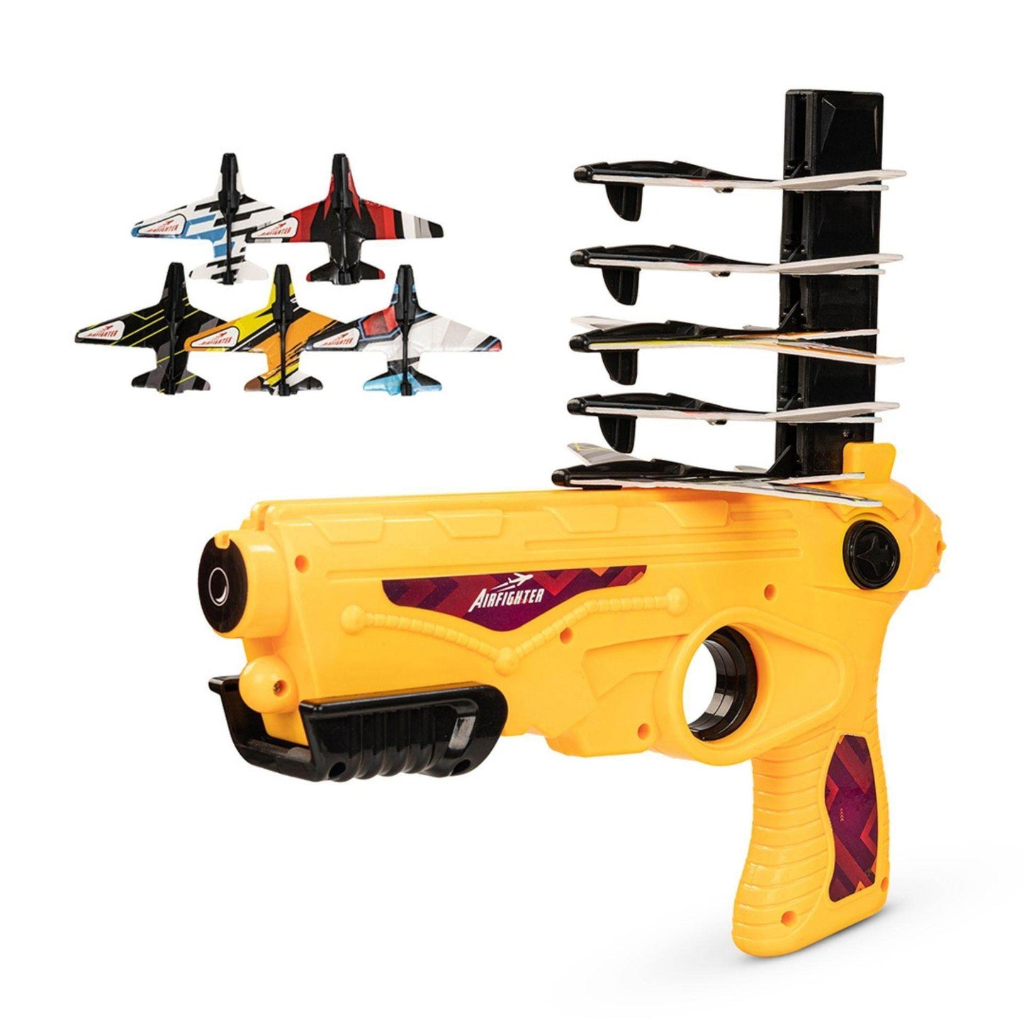 Yellow kids airfighter toy gun with five miniature fighter planes for launching and play