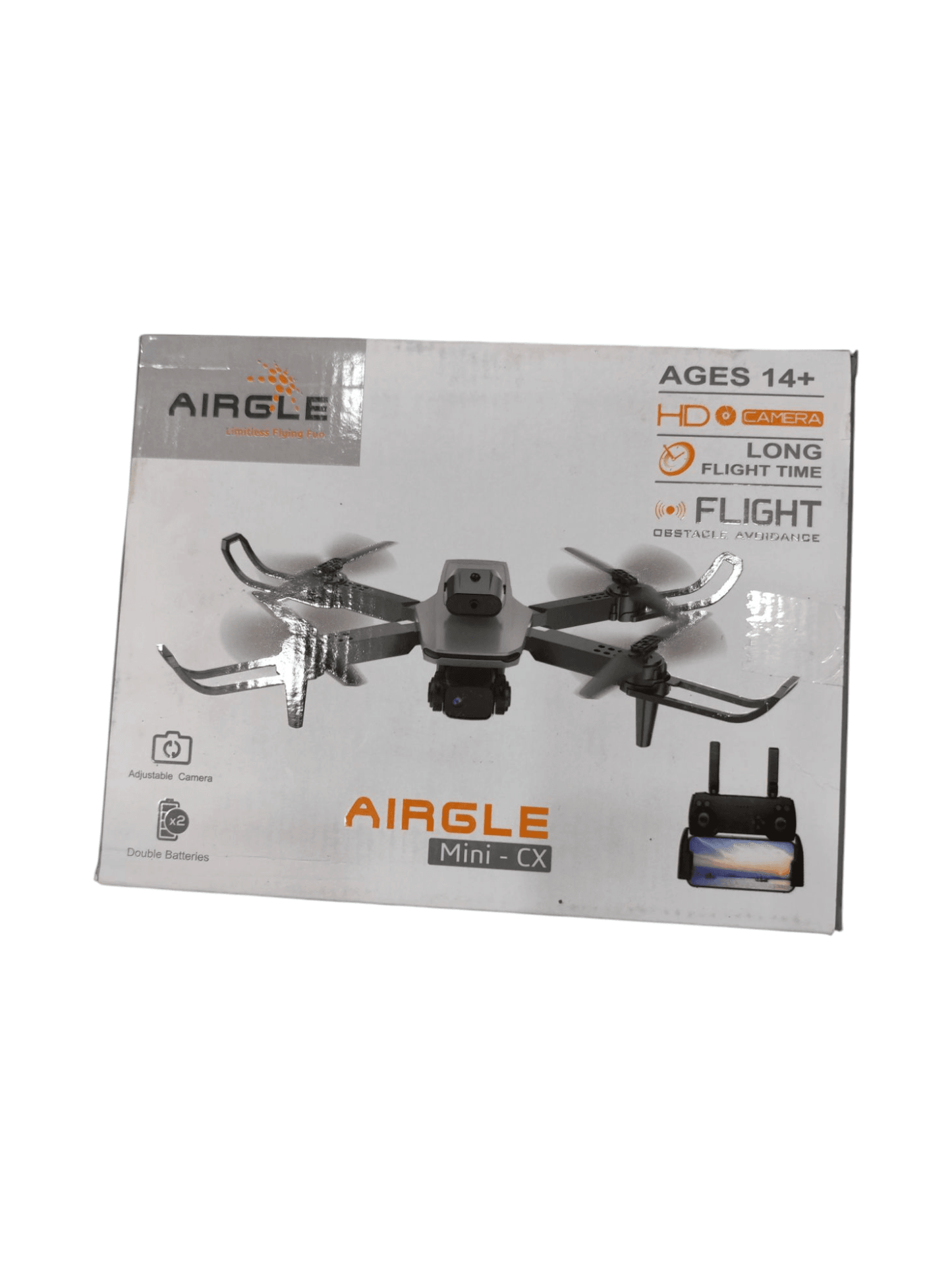 AirGLE Mini CX drone airplane with camera for ages 14 and up, featuring long flight time
