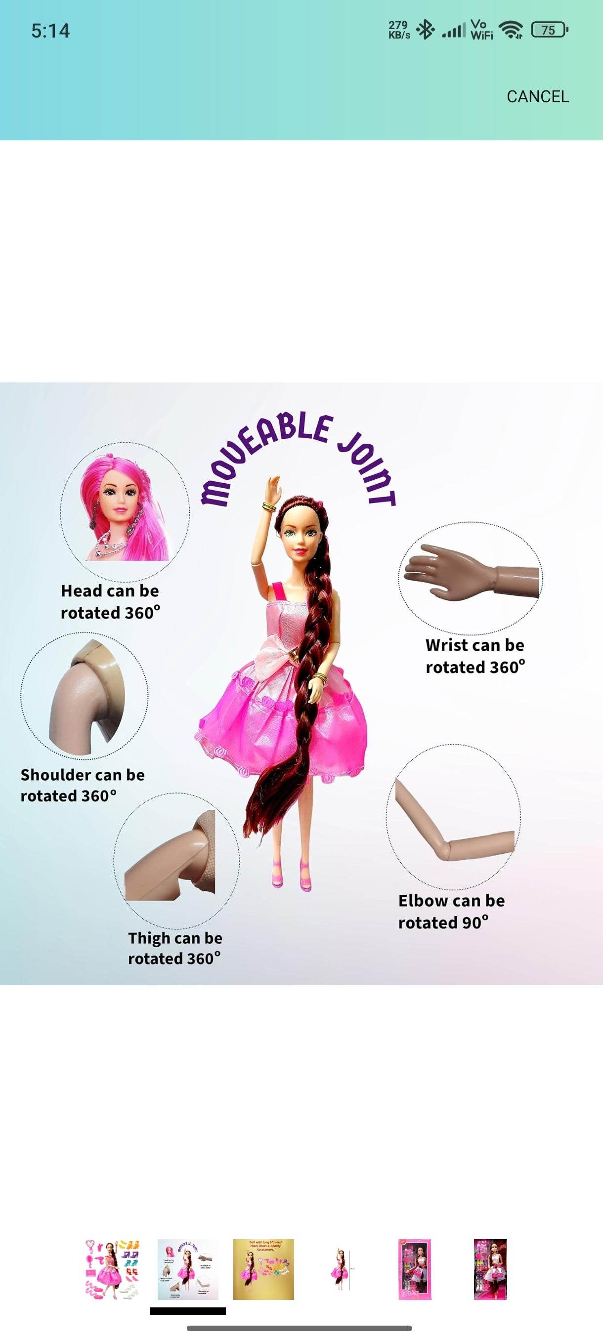 Alia doll accessories set showing doll with moveable joints including 360 degree rotation for head, wrist, shoulder, thigh and 90 degree elbow