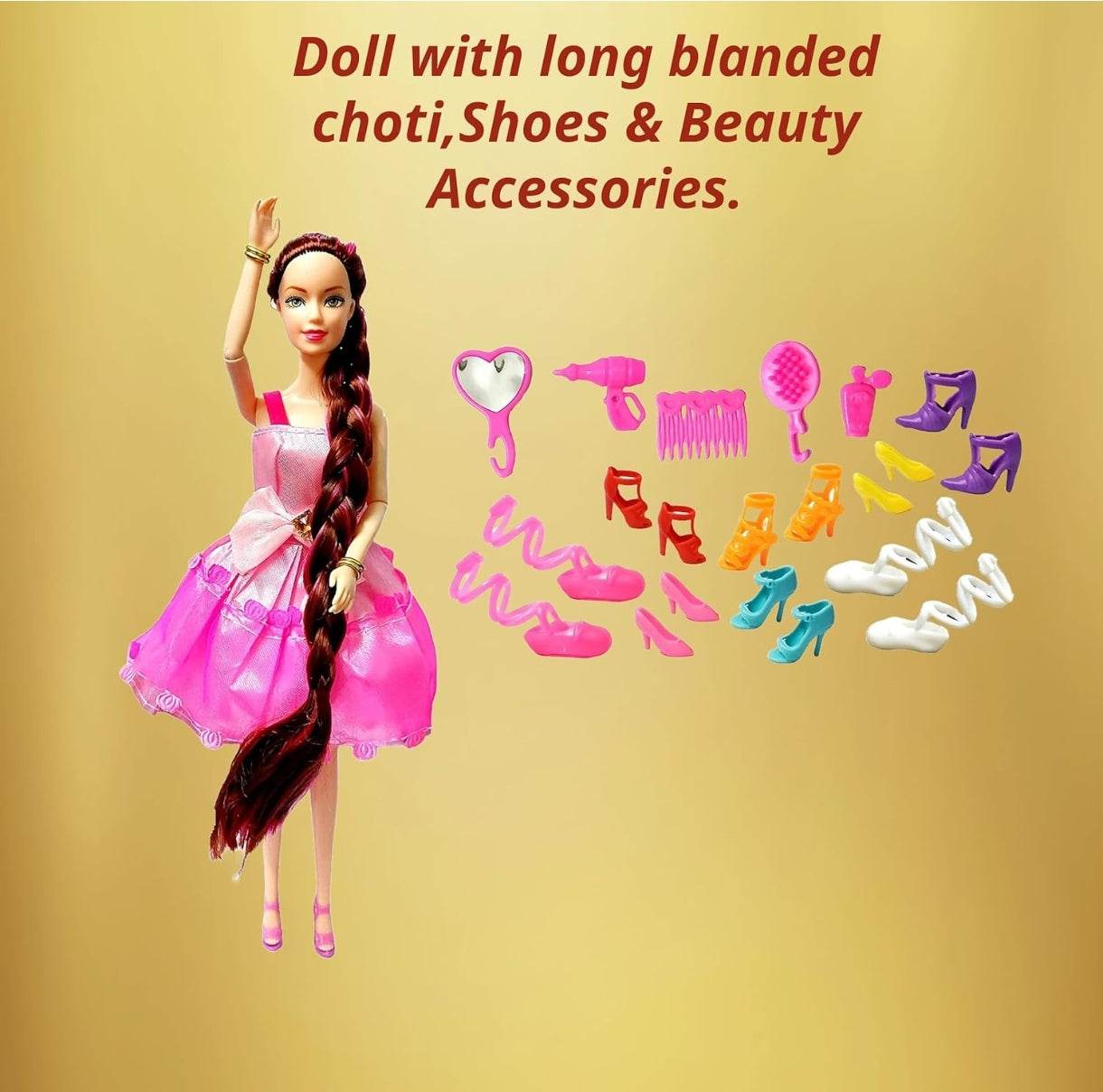Alia doll accessories set with long braided hair doll, colorful shoes, and beauty tools