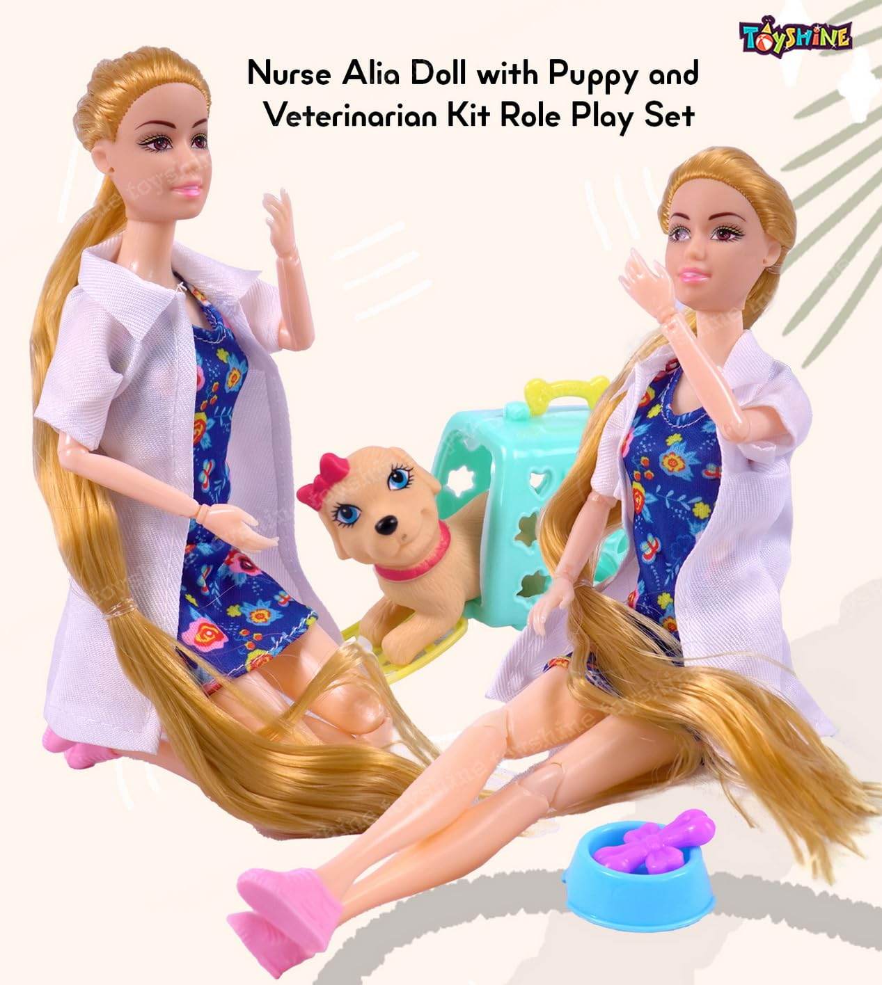 Nurse doll role play set featuring a nurse doll with long blonde hair, puppy, and veterinarian kit accessories