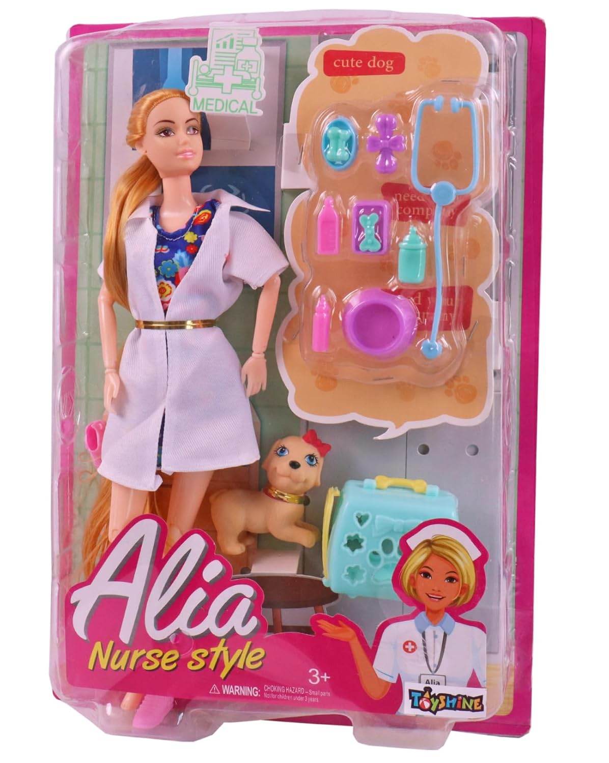 T-Rex Alia nurse doll role play set with medical accessories and a cute dog figure