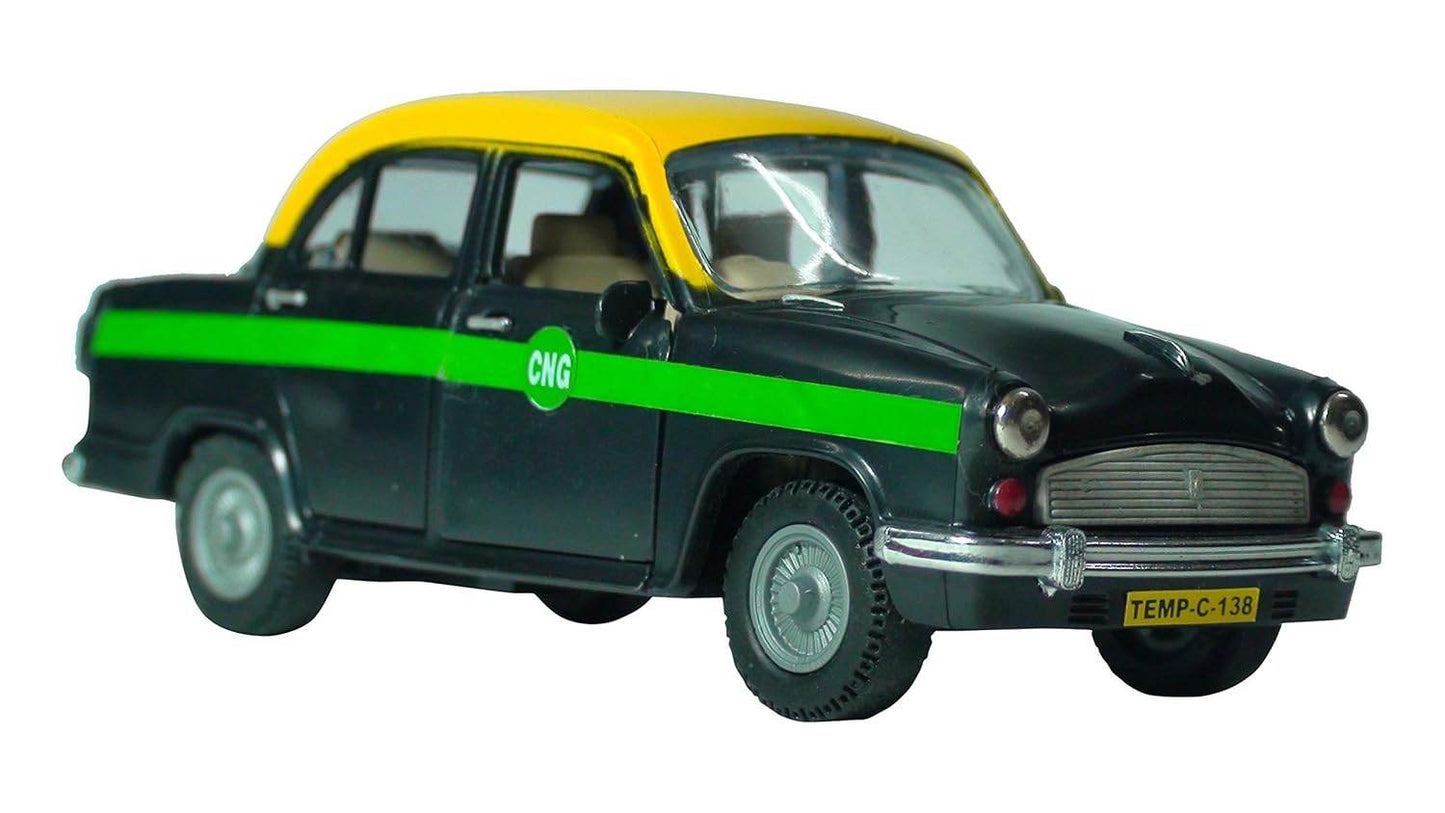 Black and yellow Ambassador taxi toy car with green stripe and CNG label by T-Rex the toyland Sitamarhi