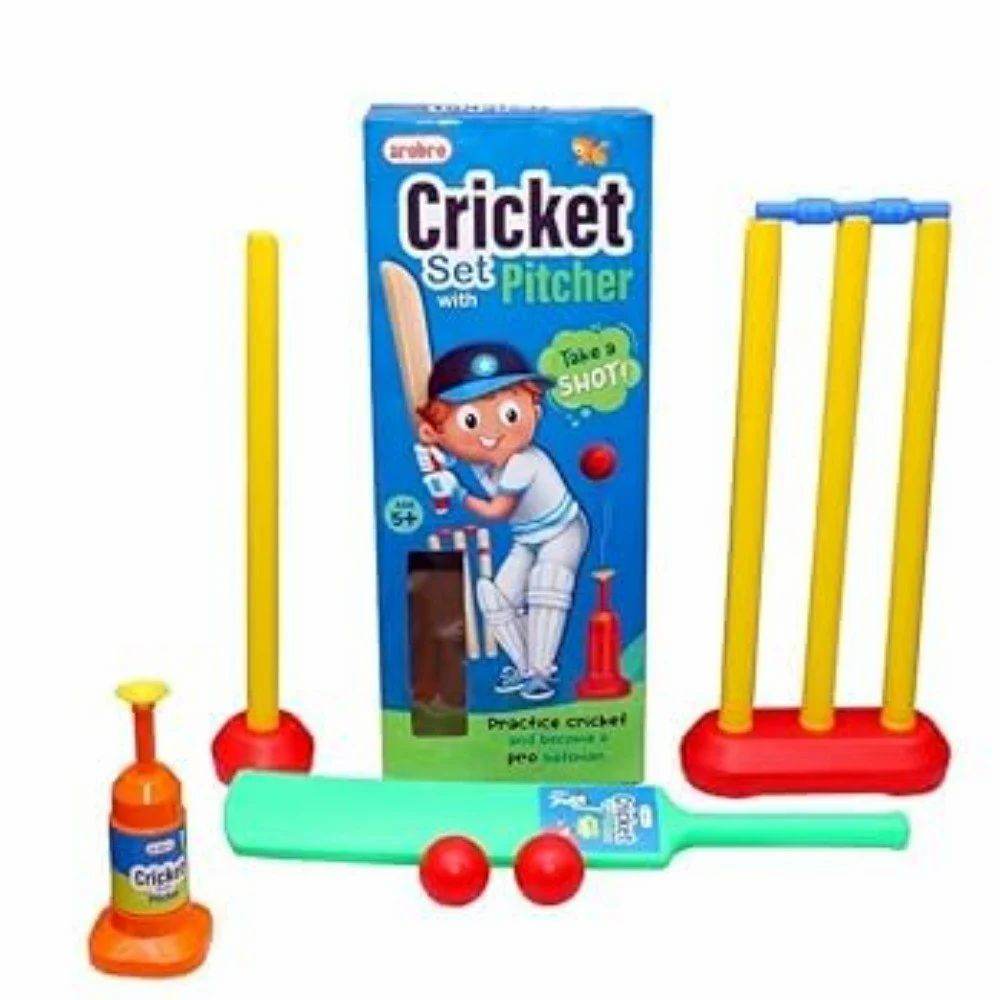 Kids cricket set with pitcher featuring bat wickets ball and plastic pitcher for outdoor play