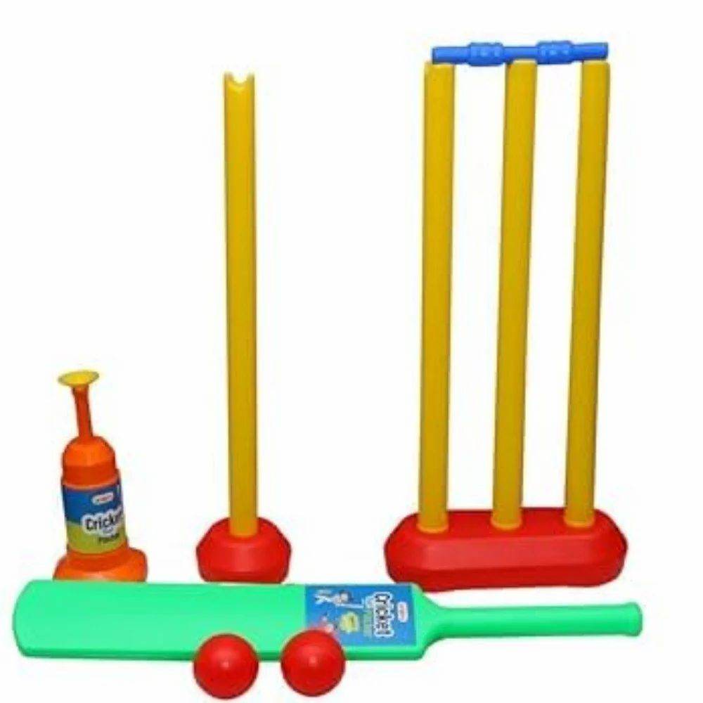 Kids cricket set with pitcher including plastic bat, balls, stumps, and pitching machine toy