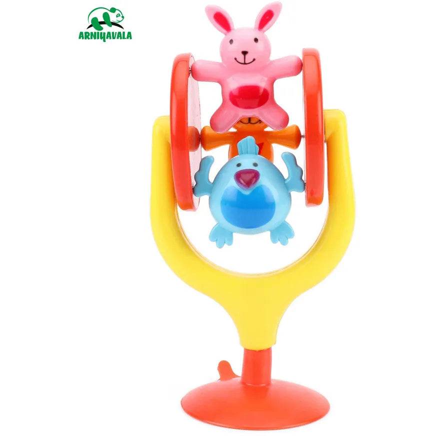 Colorful bunny merry go round toy for kids with pink bunny and blue bird on yellow stand