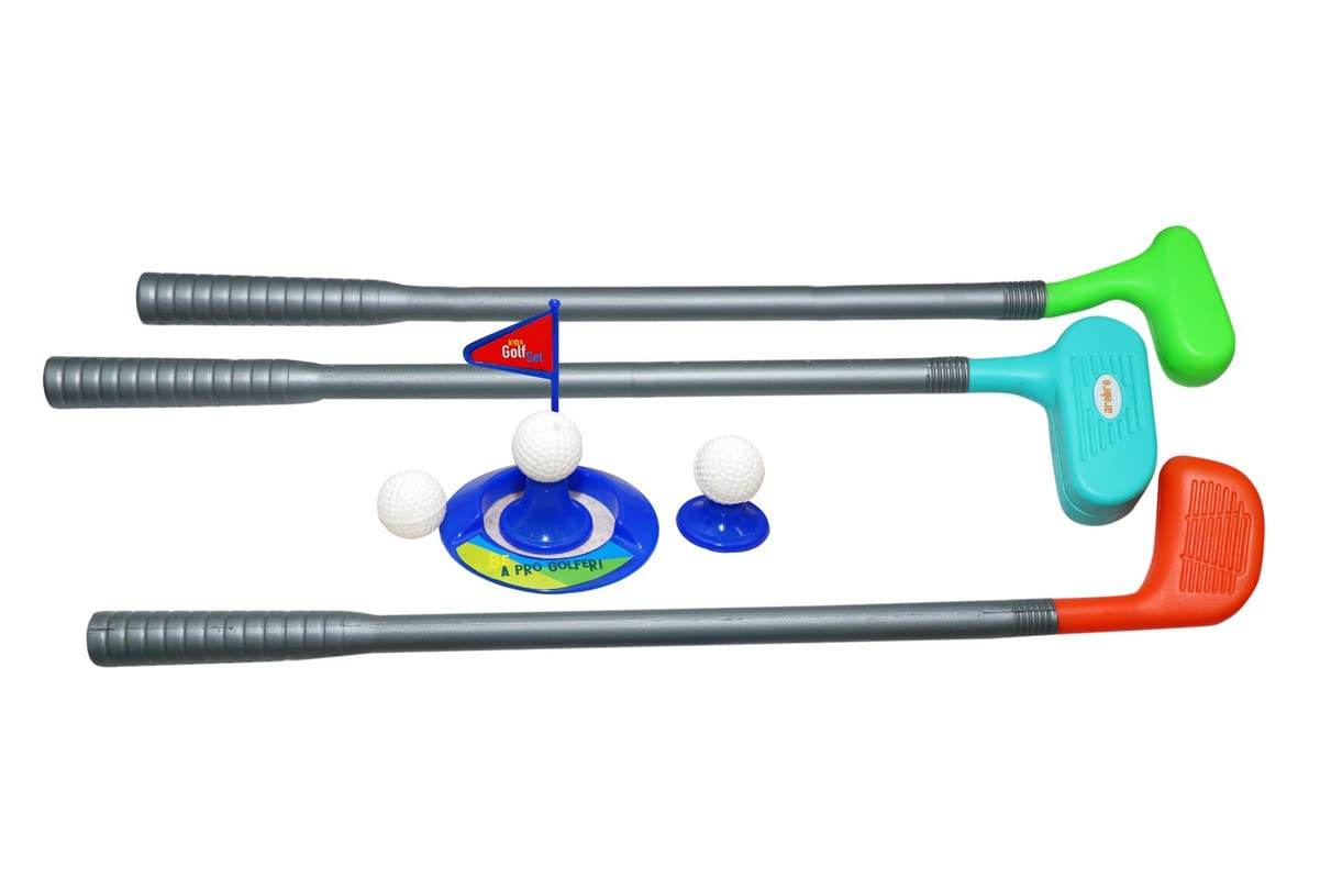 Golf playset with sticks and balls featuring colorful plastic clubs and white golf balls