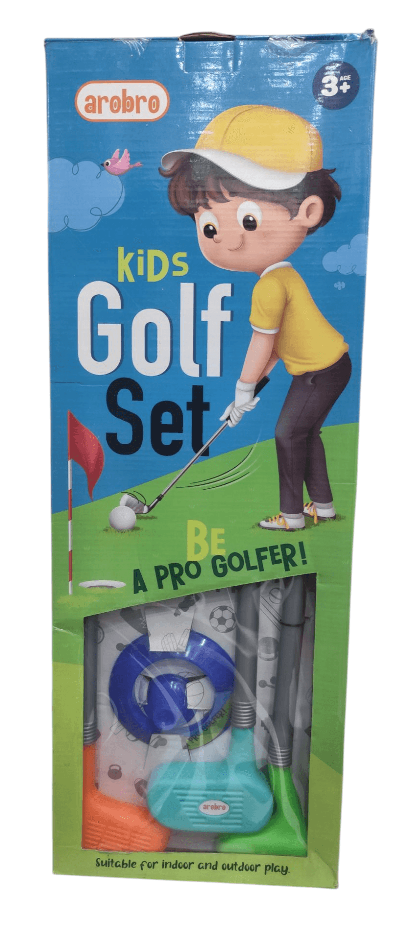 Kids golf playset with sticks and balls in colorful packaging for indoor and outdoor play