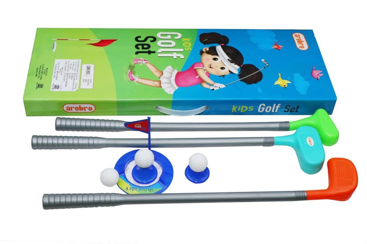 Kids golf playset with sticks and balls including colorful plastic clubs and golf accessories