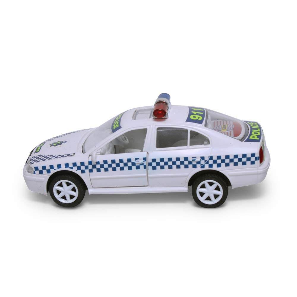 Centy Pull Back Series Australian police toy car in white with blue checkered design and red light on roof