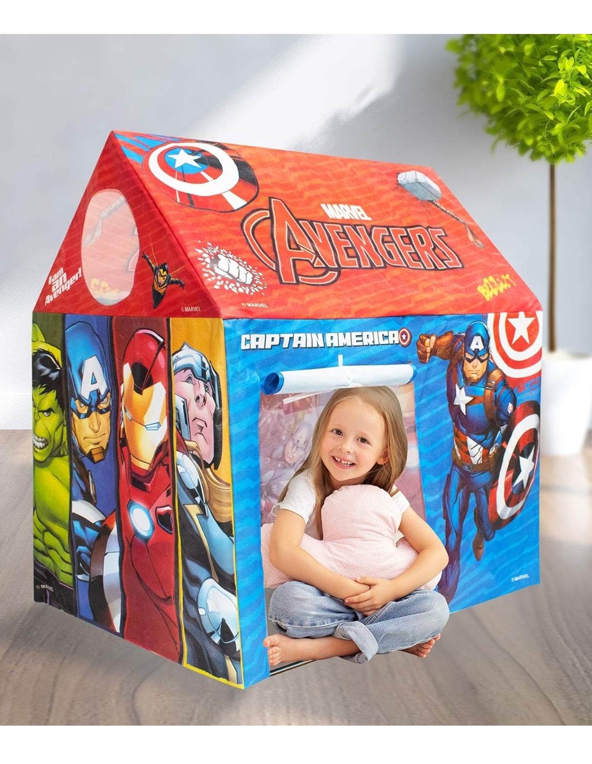 Avengers play tent for kids featuring Captain America and Hulk with a child sitting inside