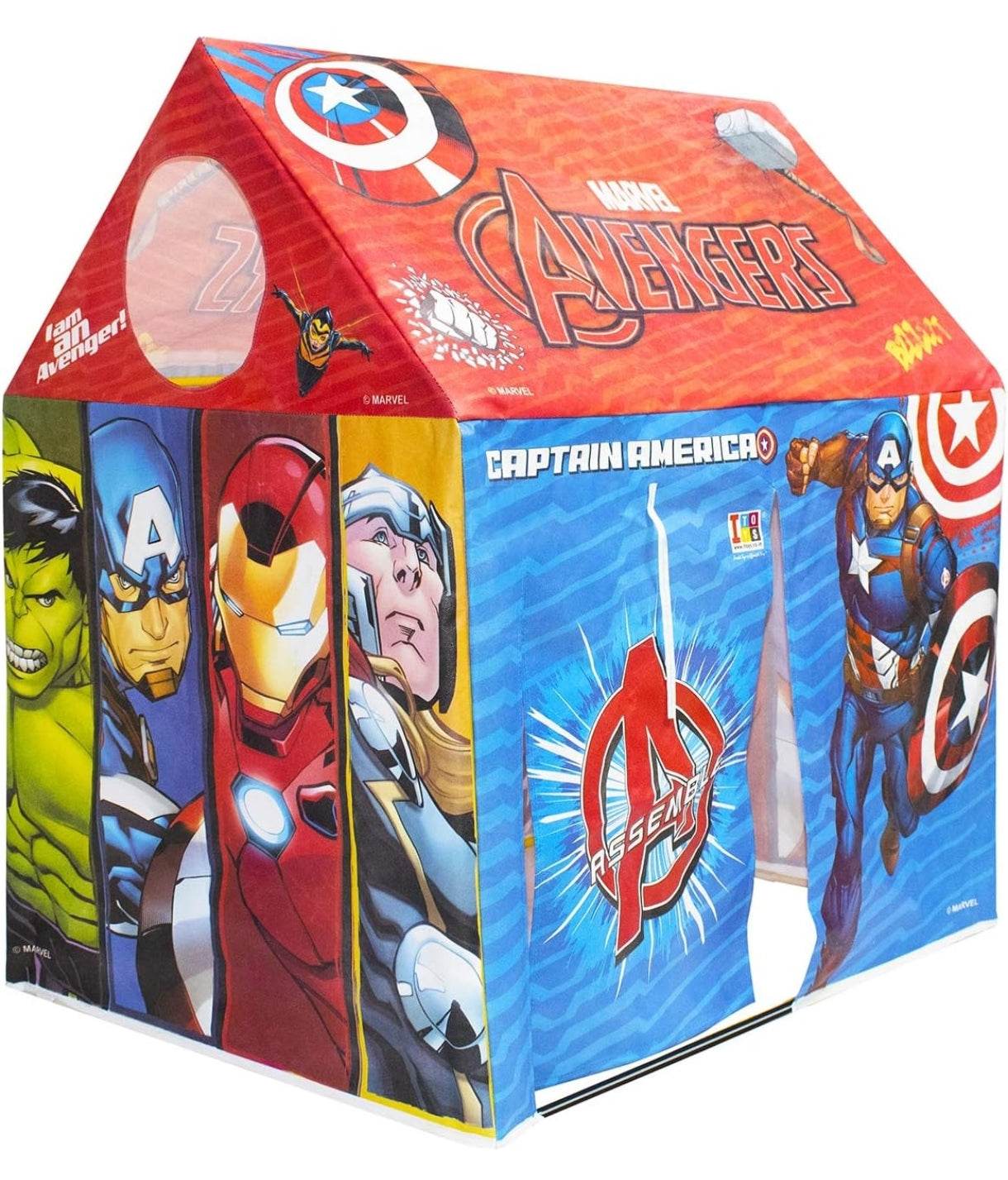 Marvel Avengers play tent for kids featuring Captain America, Iron Man, Thor, and Hulk graphics